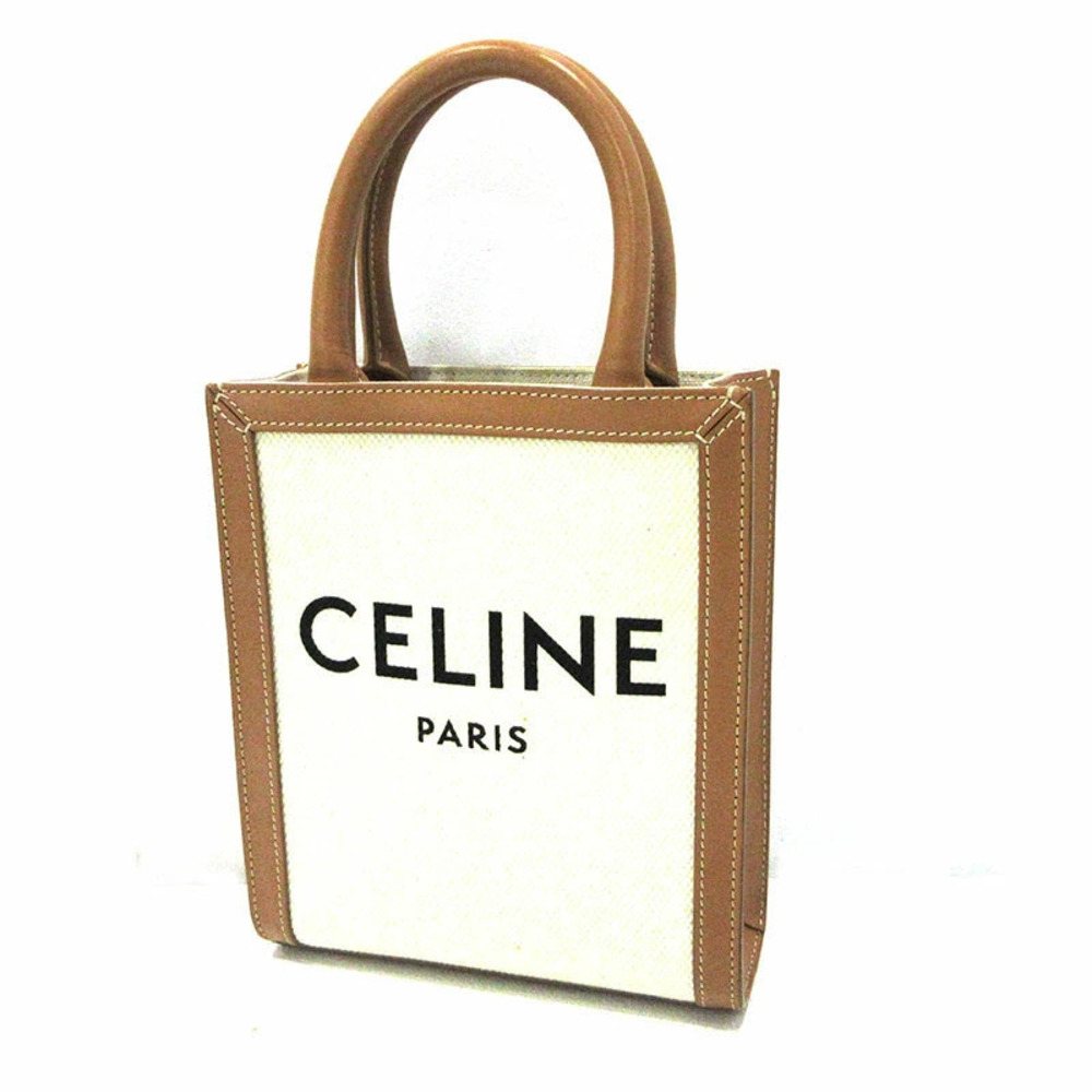 CELINE Vertical Cabas Canvas Tote Bag Shoulder Beige White